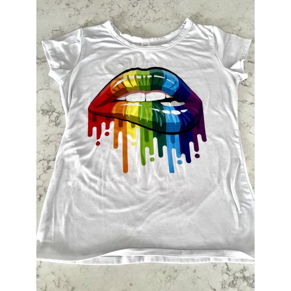 Y2K Rainbow Drip Lips Baby Tee White Fitted Graphic T-Shirt Size Large